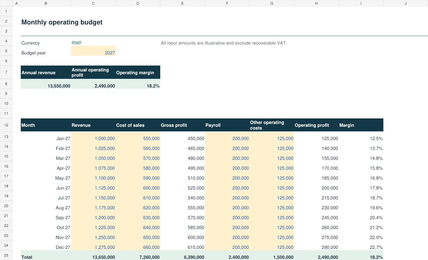 Preview of editable monthly budget workbook